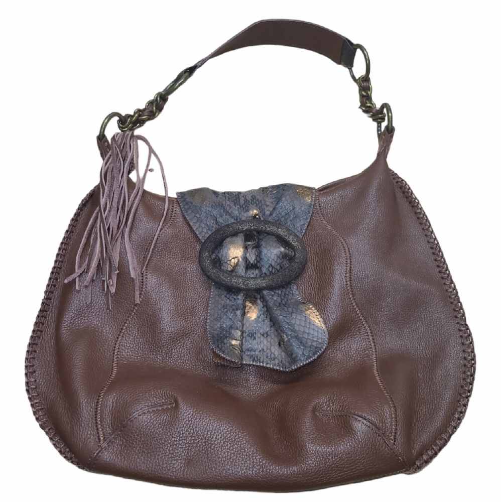 CHI BY FALCHI PURSE BROWN GENUINE LEATHER SNAKE SKIN BOHO HOBO SHOULDER BAG